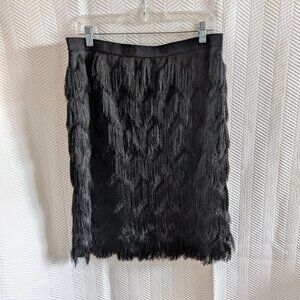 Ann Taylor Black Fringe Chevron Midi Skirt Size 10 Black Textured Flapper